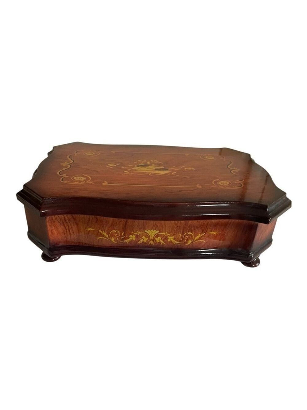 Vintage Wooden Jewelry Box Violin Inlay Glossy Scalloped Edges Polished